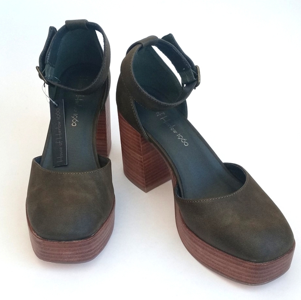 House of Harlow 1960 Olive Green Square Toe Ankle Strap Platform Heels 8M - Picture 9 of 16